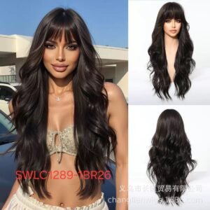 Heat-Resistant Synthetic Wig, Long Wavy Hair with Bangs, Dark Brown Color, Model SWLC1289-1BR26