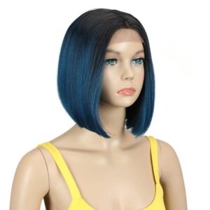 باروكة جذور أمامية (Front Lace) قصيرة ناعم ستريت لون أزرق جنزاري مع جذور أسود – مظهر عصري مميز