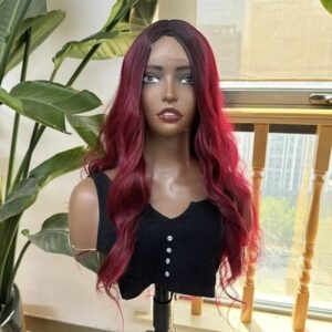 باروكة جذور أمامية (Front Lace) ويفي (مموج) طويل لون أحمر برغندي – مظهر جذاب وفاخر