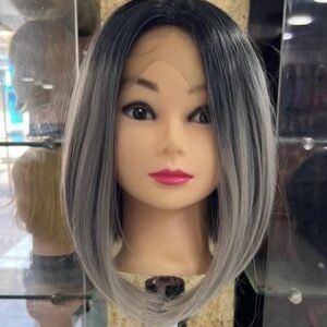 Hair Wig Front Lace – Short Straight Soft Wig – Ash Grey with Black Roots – Natural Elegant Look
