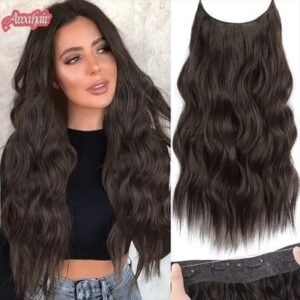 Invisible Wire Hair Extensions with Transparent Wire Adjustable Size 4 Secure Clips Long Wavy Secret Hairpiece 20 Inch Dark Brown