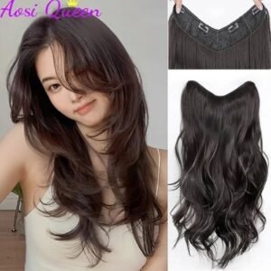 ynthetic Long Wavy Curly 5 Clip in Hair Extension Fashion Invisible V-shaped Heat Resistant Black Hairpiece for Women