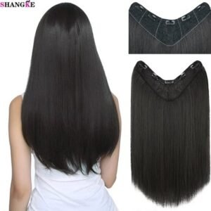 16-24" Long Straight Hair Extensions One Piece V-Shaped Clip In Hair Extensions Synthetic Straight Hair Clip In Extensions with 5 Clips for Women(Natural Black,16inches)