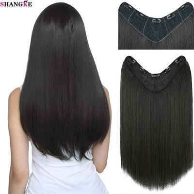 16-24" Long Straight Hair Extensions One Piece V-Shaped Clip In Hair Extensions Synthetic Straight Hair Clip In Extensions with 5 Clips for Women(Natural Black,16inches)