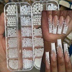 مجموعة خرز أبيض لتزيين الأظافر من اللؤلؤ والكافيار