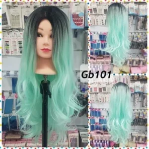 باروكة شعر حراري ويفي (مموج) طويلة – لون أسود مع تدرج أخضر ( Green Ombre) مظهر جريء وعصري | مقاومة للحرارة | رقم الموديل: GB101