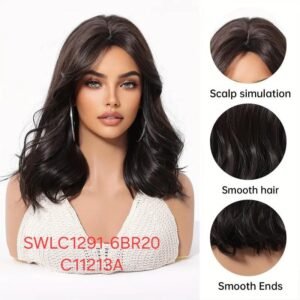 شعر مستعار صناعي مقاوم للحرارة، شعر متوسط التموج، لون بني داكن، موديل SWLC1291-6BR20-C11213A