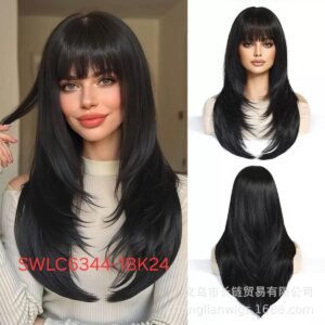 شعر مستعار صناعي مقاوم للحرارة، شعر طويل وناعم، لون أسود طبيعي، موديل SWLC6344-1BK24