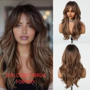 شعر مستعار صناعي مقاوم للحرارة، شعر طويل مموج، لون بني كستنائي، موديل SWLC1261-1BR24-F06101X