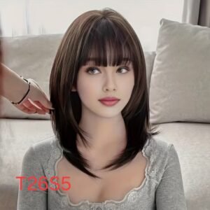 شعر مستعار صناعي مقاوم للحرارة، شعر قصير مستقيم مع غرة، موديل T26S5