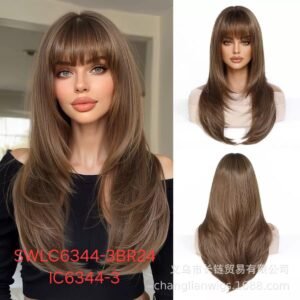 Heat-Resistant Synthetic Wig, Long Hair with Bangs, Model SWLC6344-3BR24-IC6344-3