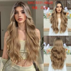 شعر مستعار صناعي مقاوم للحرارة، شعر طويل مموج، لون فاتح، موديل SWLC8331-4BL28