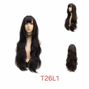 شعر مستعار صناعي مقاوم للحرارة، شعر طويل مموج مع غرة، لون داكن، موديل T26L1