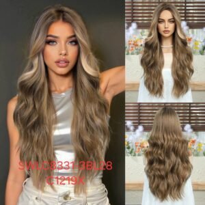 شعر مستعار صناعي مقاوم للحرارة، شعر طويل مموج، موديل SWLC8331-3BL28-C1219X