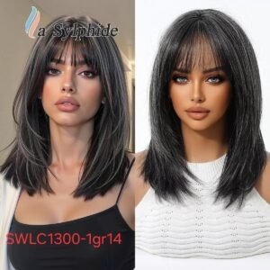 شعر مستعار صناعي مقاوم للحرارة، شعر قصير مستقيم مع غرة، موديل SWLC1300-1gr14