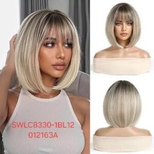 شعر مستعار صناعي مقاوم للحرارة، قصير ومستقيم مع غرة، موديل SWLC8330-1BL12-012163A