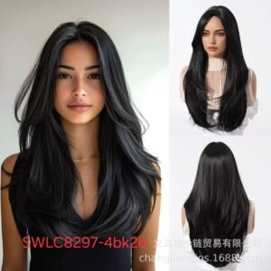 شعر مستعار صناعي مقاوم للحرارة، الطول متوسط ​​إلى طويل، شعر أملس، موديل SWLC8297-4bk26