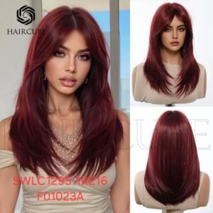 Heat-Resistant Synthetic Wig, Medium to Long Straight Hair, Burgundy Red Color, Model SWLC1295-1RE16-F01023A