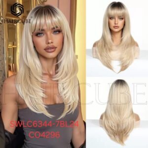 شعر مستعار صناعي مقاوم للحرارة، متوسط ​​الطول مع غرة، موديل SWLC6344-7BL24-CO4296