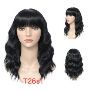 شعر مستعار صناعي مقاوم للحرارة، متوسط ​​الطول، مموج، مع غرة، موديل T26s1