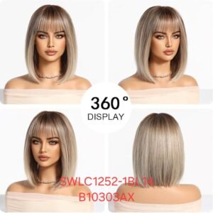 شعر مستعار صناعي مقاوم للحرارة، قصير مع غرة، موديل SWLC1252-1BL14-B10303AX