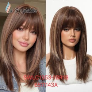 شعر مستعار صناعي مقاوم للحرارة، متوسط ​​الطول مع غرة، موديل SWLC1353-1BR18-6511143A