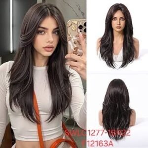 شعر مستعار صناعي مقاوم للحرارة، متوسط ​​الطول، موديل SWLC1277-1BR22-F12163A