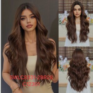 Hair Wig SWLC8331-2BR28-C12301 – Long Wavy Heat Resistant Wig – Medium Brown – Middle Part with Long Bangs