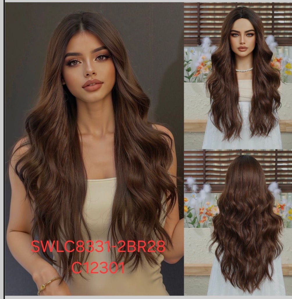 باروكة شعر حراري ويفي مموج طويلة مع غرة طويلة وفرق وسطي – لون بني متوسط – مظهر طبيعي – مقاومة للحرارة | رقم الموديل: SWLC8331-2BR28-C12301