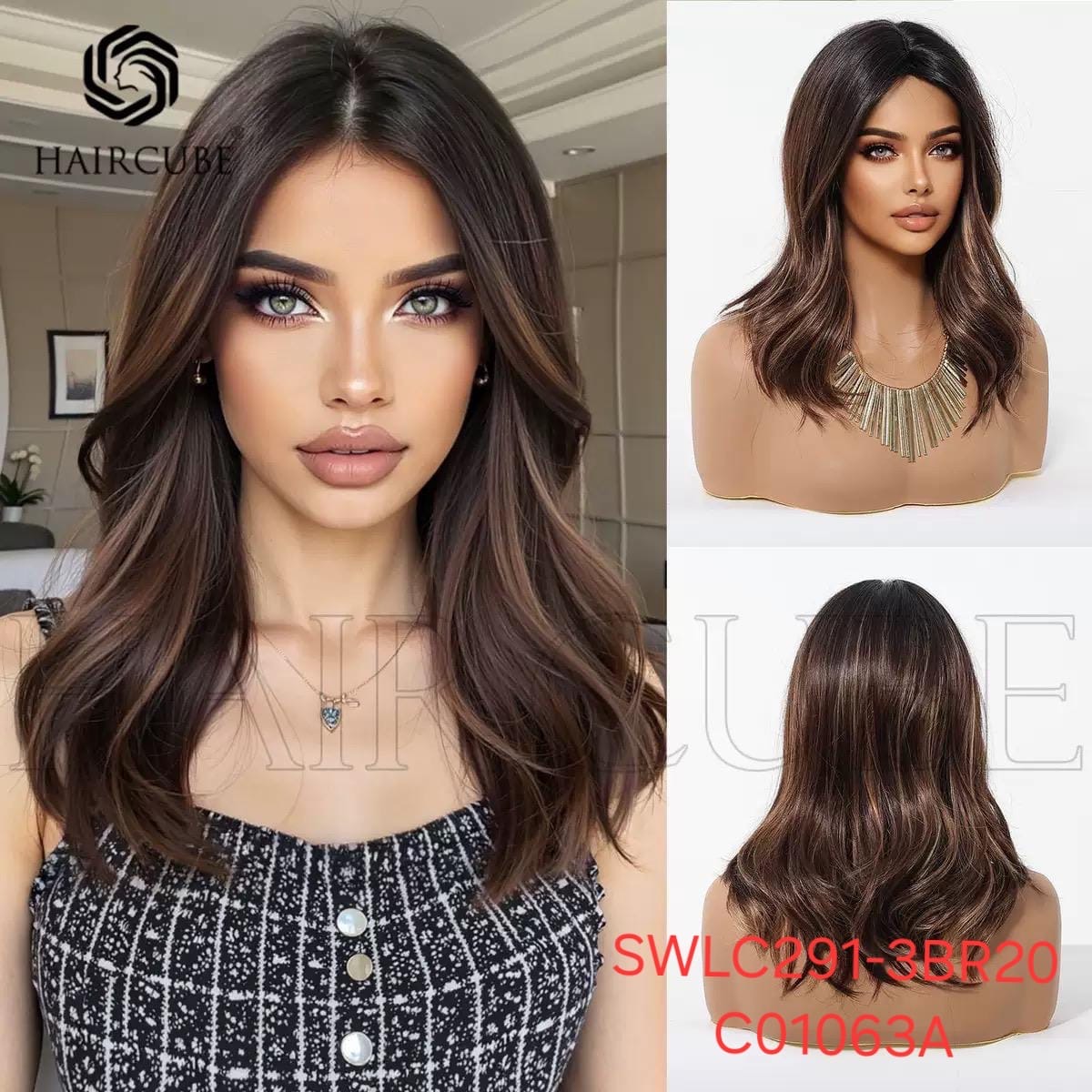 Hair Wig SWLC291-3BR20-C01063A – Medium Length Wavy Heat Resistant Wig – Light Brown – Middle Part with Long Bangs & Natural Look