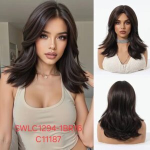 Heat-Resistant Synthetic Wig, Medium to Short Layered Hair with Blended Bangs, Model SWLC1294-1BR16-C11187