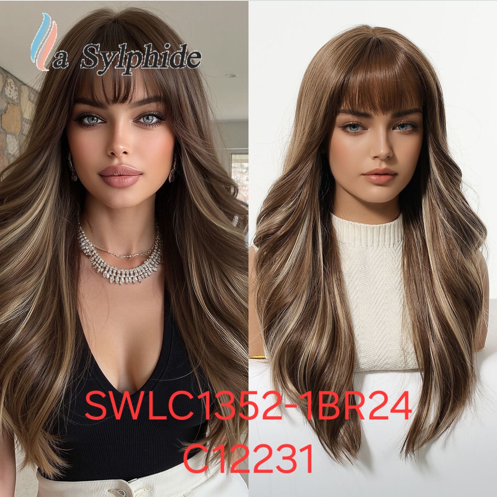 Hair Wig SWLC1352-1BR24-C12231 – Medium Length Straight Heat Resistant Wig – Light Brown with Platinum Highlights – Soft Texture with Bangs & Natural Look