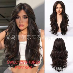 Hair Wig SWLC1229-1BR24-F12113AX – Long Wavy Heat Resistant Wig – Brown – Soft Texture with Long Bangs & Natural Look