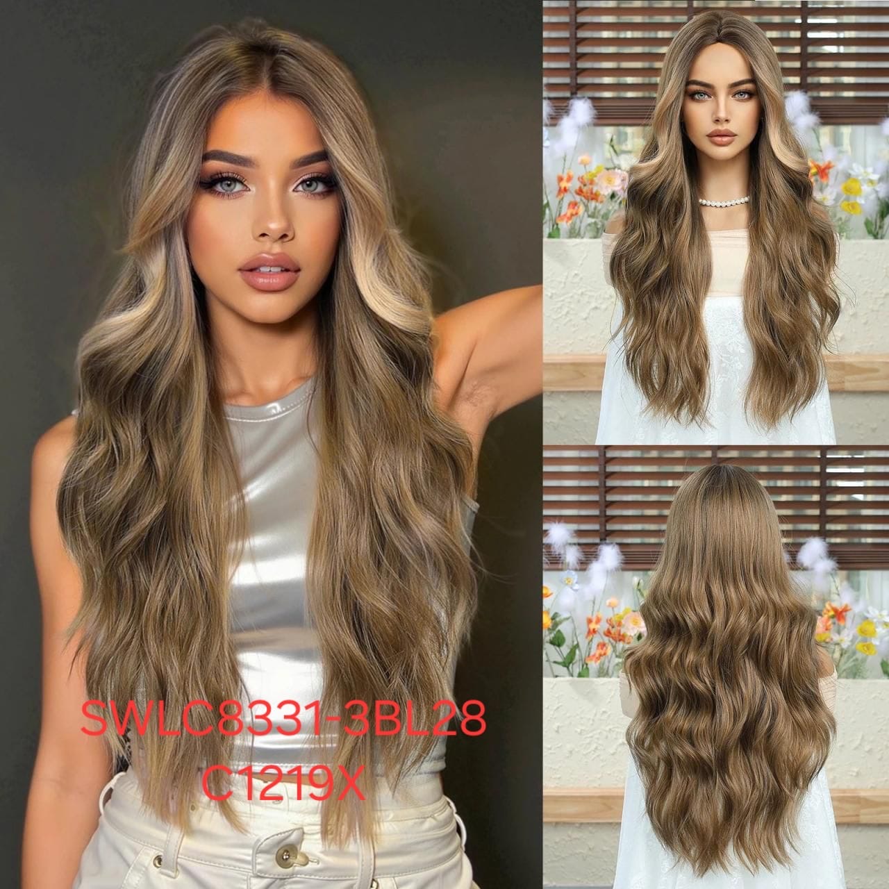 Hair Wig SWLC8331-3BL28-C1219X – Long Wavy Heat-Resistant Wig – Light Ash Platinum Blonde with Highlights – Natural Look with Long Bangs