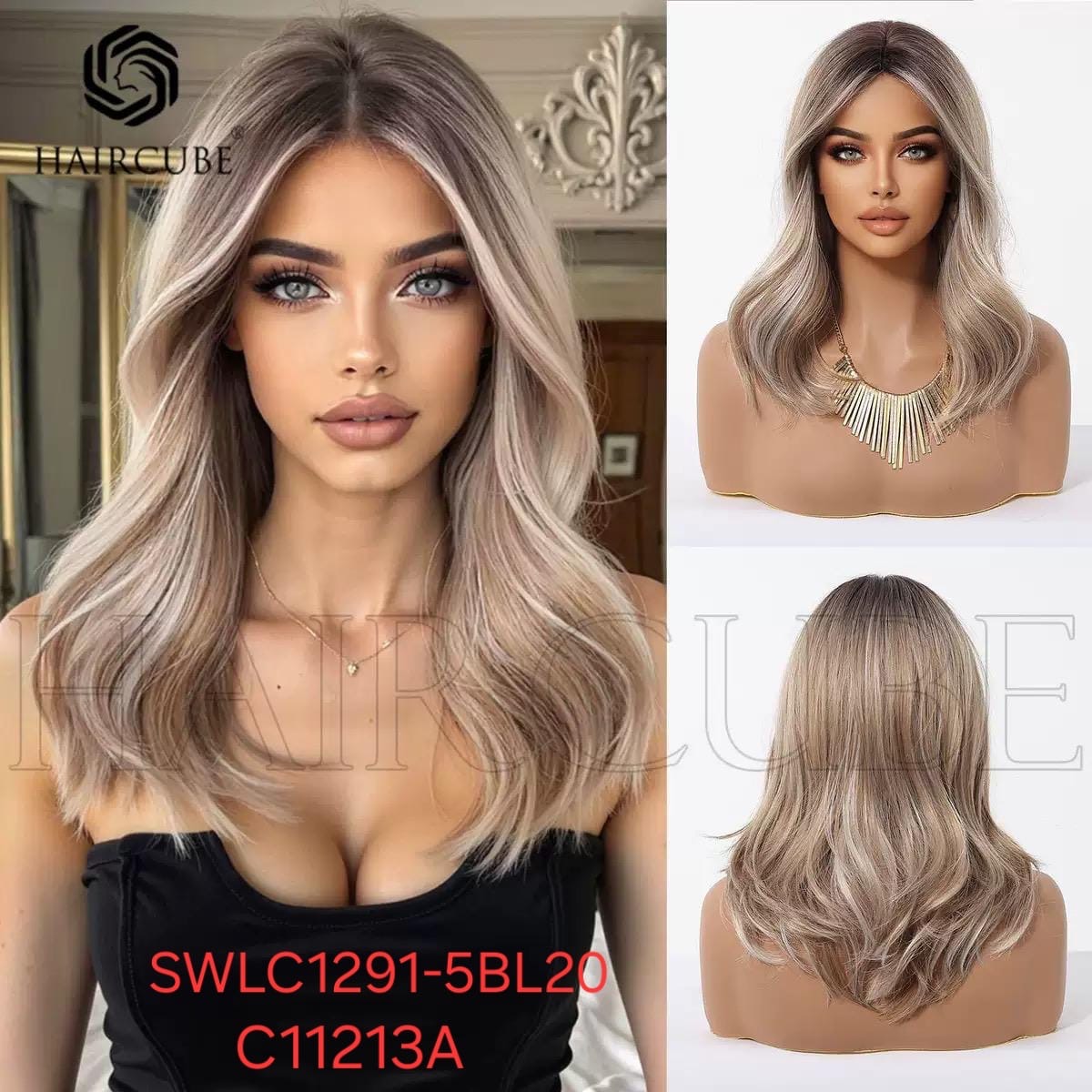 باروكة شعر حراري ستريت (مستقيم) ناعمة متوسط  الطول  – لون أشقر بلاتيني رمادي أومبريه مع غرة طويلة مظهر طبيعي | مقاومة للحرارة | رقم الموديل: SWLC1291-5BL20-C11213A