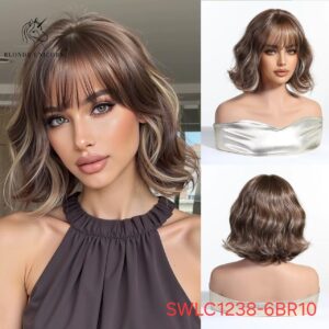 Hair Wig SWLC1238-6BR10 – Short Wavy Heat-Resistant Wig – Brown with Blonde Highlights – Natural Look with Bangs