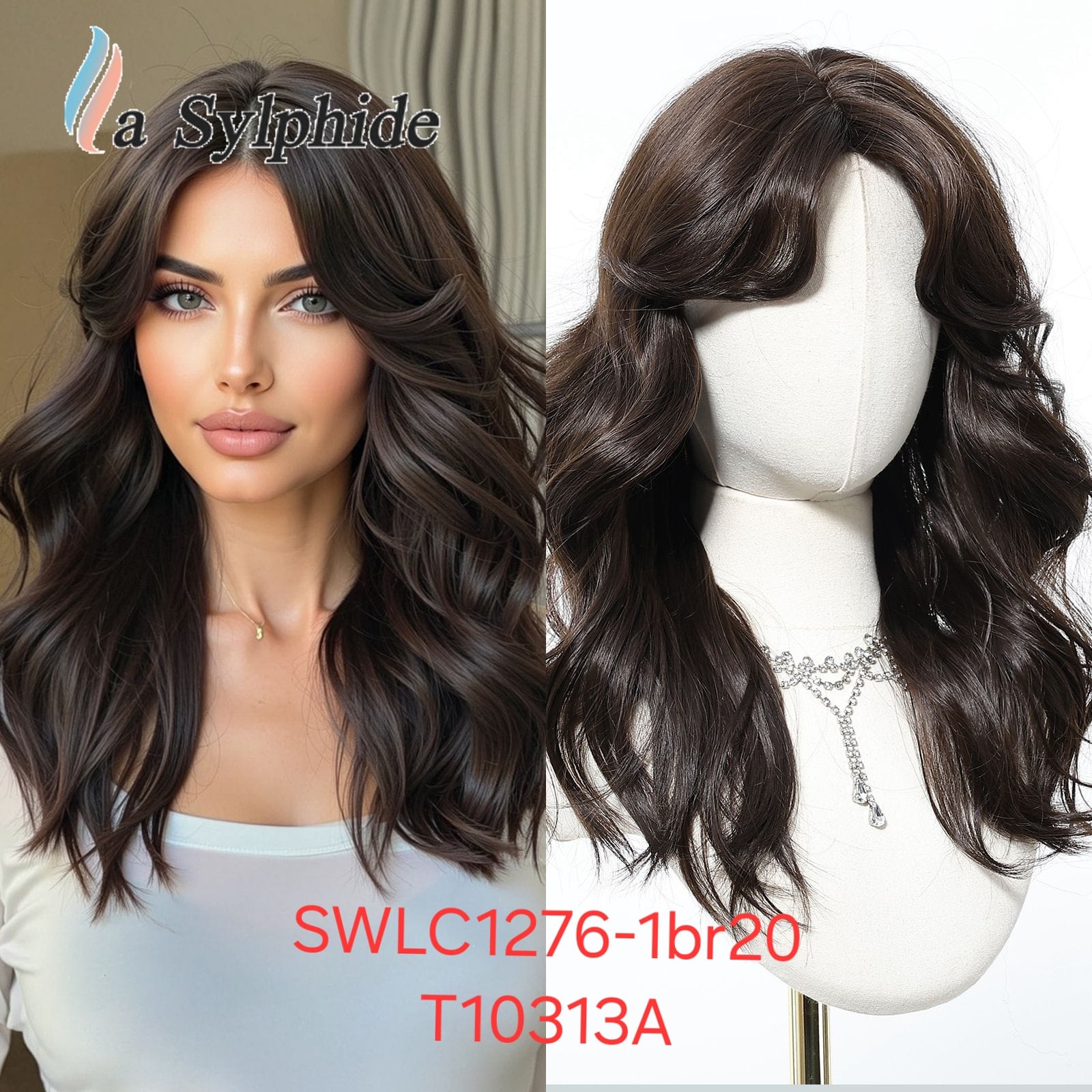 Hair Wig SWLC1276-1BR20-T10313A – Medium Length Light Wavy Heat Resistant Wig – Brown – Soft Texture with Bangs & Natural Look