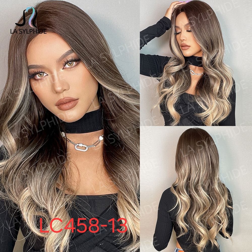 Hair Wig LC458-13 – Medium to Long Wavy Heat Resistant Wig – Blonde Ombre – Middle Part & Natural Look