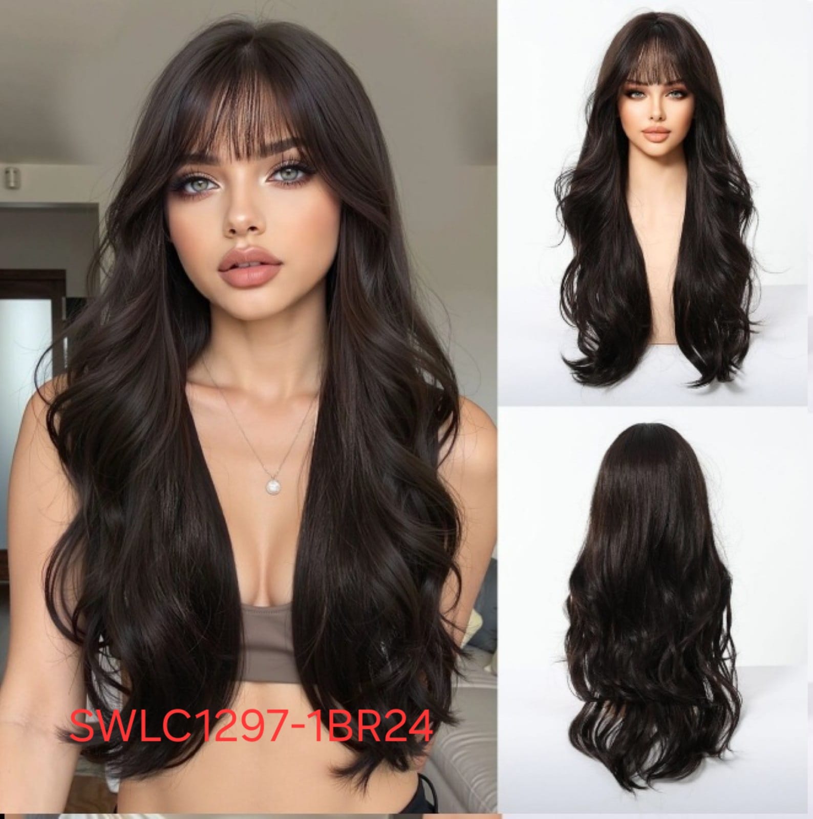 Hair Wig SWLC1297-1BR24 – Long Wavy Heat Resistant Wig – Black – Soft Texture with Bangs & Natural Look