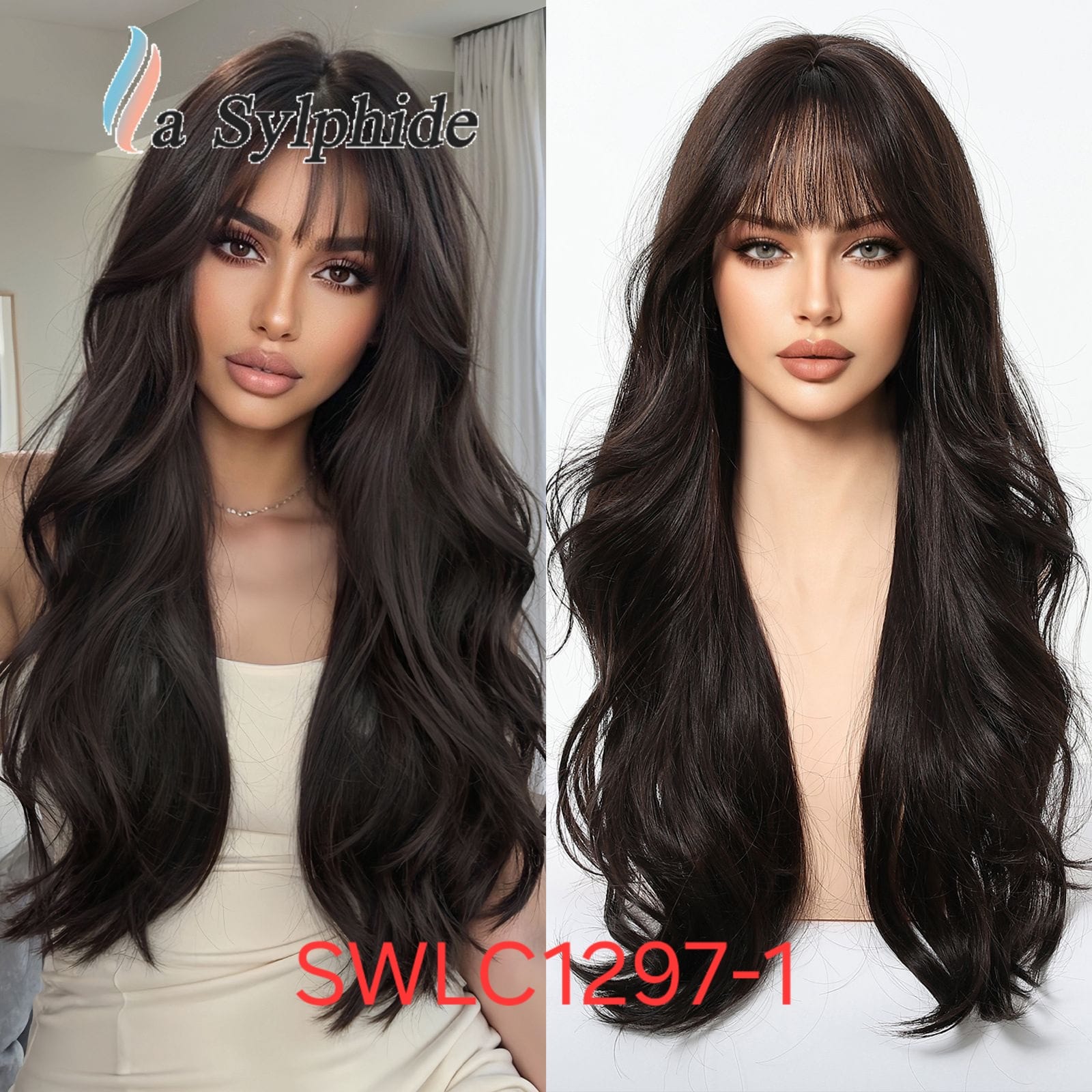 Hair Wig SWLC1297-1 – Long Wavy Heat-Resistant Wig – Dark Brown – Natural Look with Bangs