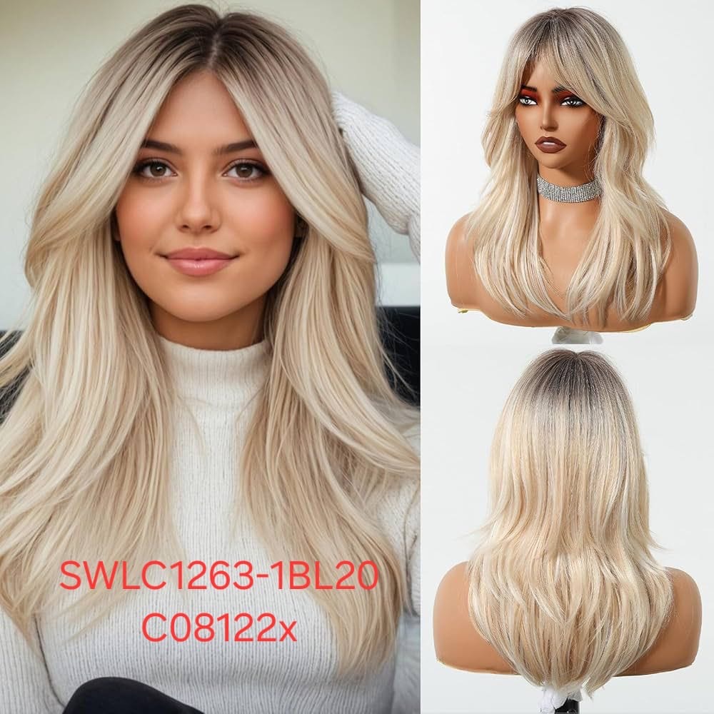Hair Wig SWLC1263-1BL20-C08122X – Medium Length Heat-Resistant Wig – Platinum Blonde with Dark Roots – Natural Look with Long Bangs