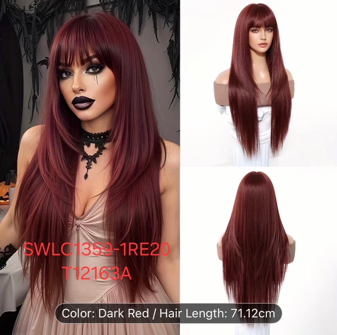 Hair Wig SWLC1359-1RE20-T12163A – Long Straight Soft Heat-Resistant Wig – Cherry Red – Natural Look with Bangs