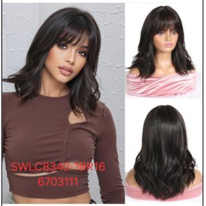 Hair Wig SWLC8340-1BR16-6703111 – Short Wavy Heat-Resistant Wig – Black – Natural Look with Bangs