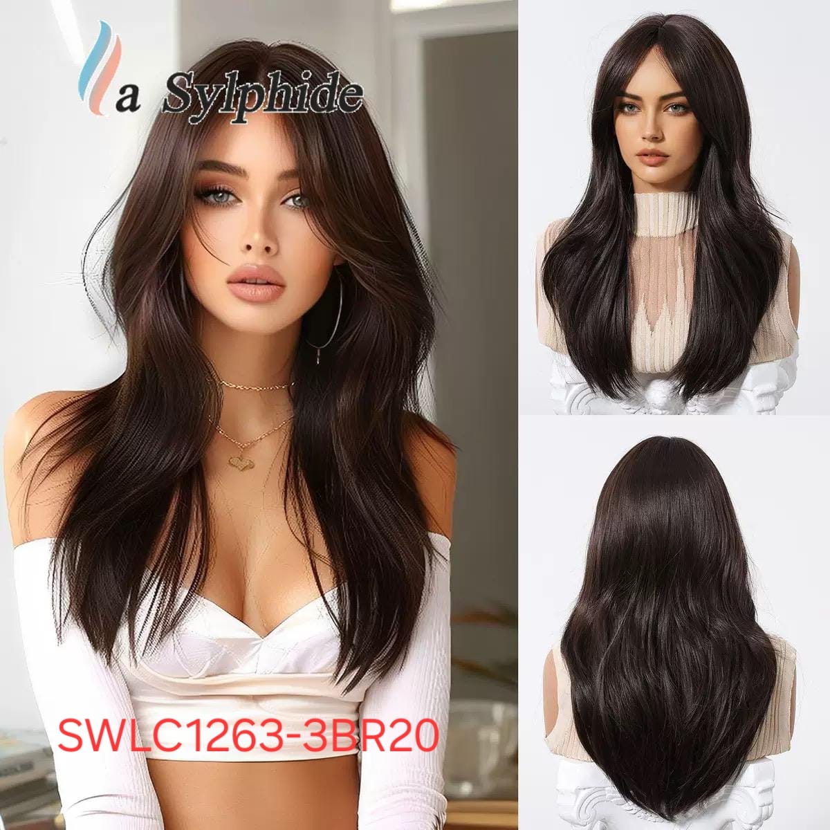 Hair Wig SWLC1263-3BR20 – Medium Length Straight Heat Resistant Wig – Dark Brown – Soft Texture with Long Bangs & Natural Look