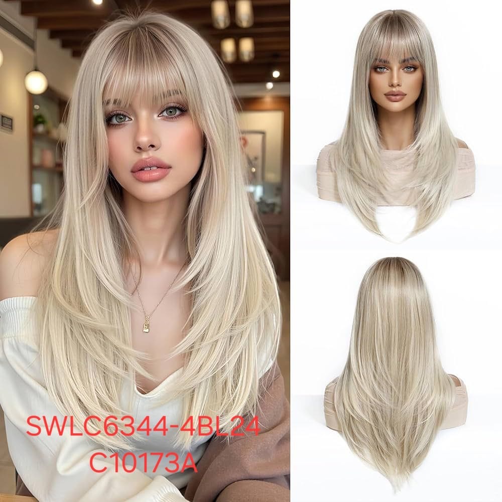 Hair Wig SWLC6344-4BL24-C10173A – Medium Length Straight Heat Resistant Wig – Platinum Blonde with Dark Roots – Soft Texture with Bangs & Natural Look