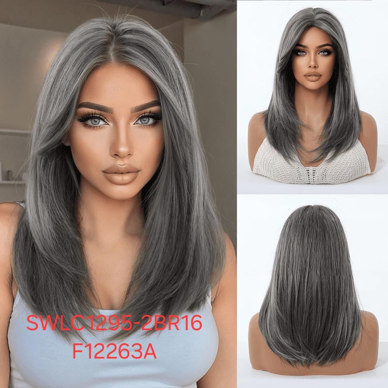 Hair Wig SWLC1295-2BR16-F12263A – Medium Length Straight Soft Heat-Resistant Wig – Ash Grey – Natural Look with Long Bangs