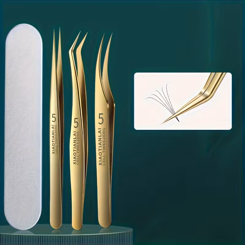 Professional Gold Eyelash Extension Tweezers Set – 3 Pieces