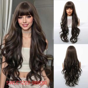 Hair Wig SWLC1222-9BR30 – Long Wavy Heat Resistant Wig – Brown – Soft Texture with Bangs & Natural Look
