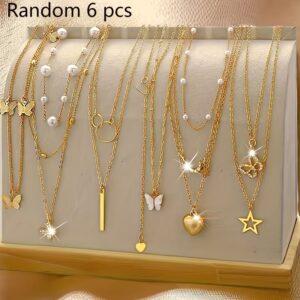 6-Piece Necklace Set – Gold Butterfly, Pearl & Zirconia Design
