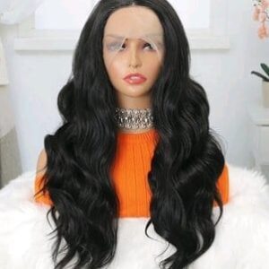 باروكة جذور أمامية (Front Lace) ويفي (مموج) طويلة لون أسود – مظهر أنيق وطبيعي